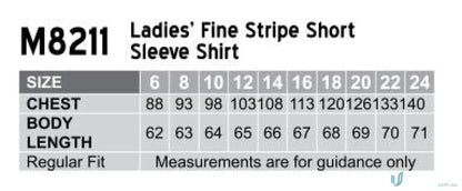 Ladies’ shirt size chart for Winning Spirit Womens Fine Stripe Short Sleeve Shirt