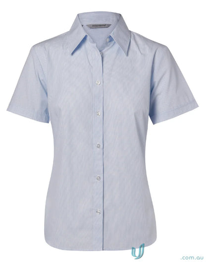 Light blue women’s fine stripe short sleeve shirt from Winning Spirit for a casual look