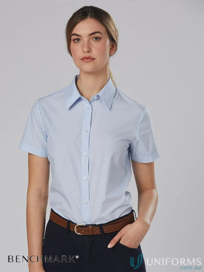 Light blue women’s fine stripe short sleeve shirt from Winning Spirit, casual and stylish