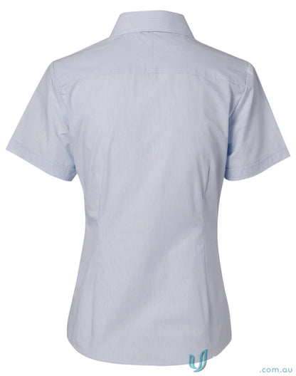 Light blue women’s fine stripe short sleeve shirt from Winning Spirit showcasing stylish design