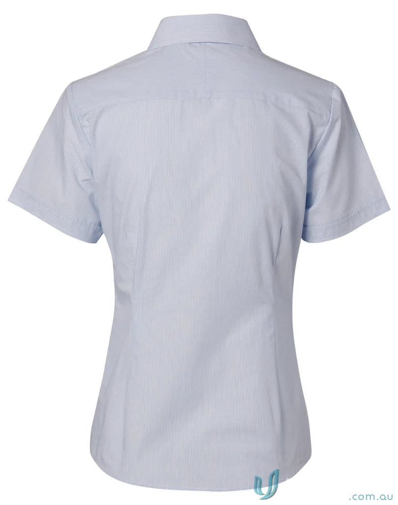 Light blue women’s fine stripe short sleeve shirt from Winning Spirit showcasing stylish design