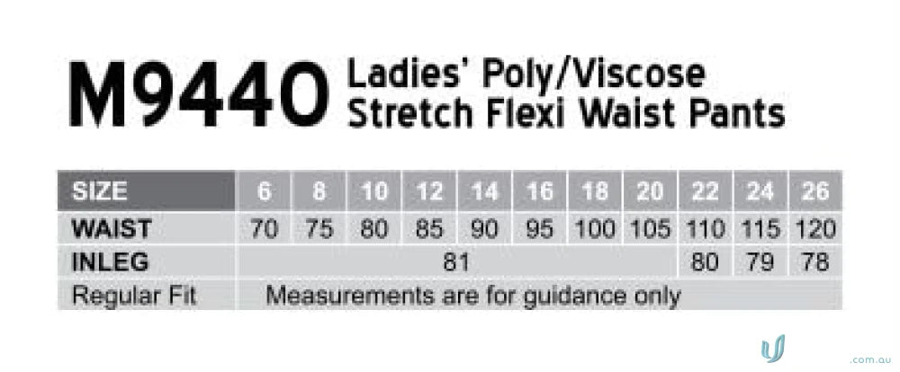 Ladies pants size chart for Winning Spirit Womens Stretch Flexi Waist Pants