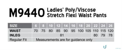 Ladies pants size chart for Winning Spirit Womens Stretch Flexi Waist Pants