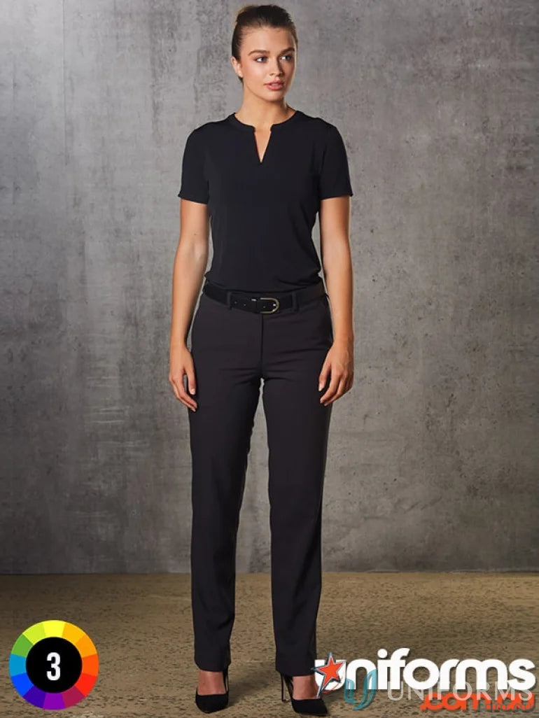 Woman in Winning Spirit Womens stretch flexi waist pants showing a stylish black office look