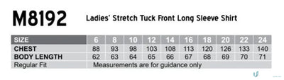 Ladies shirt size chart for Winning Spirit Womens Stretch Tuck Front Shirt