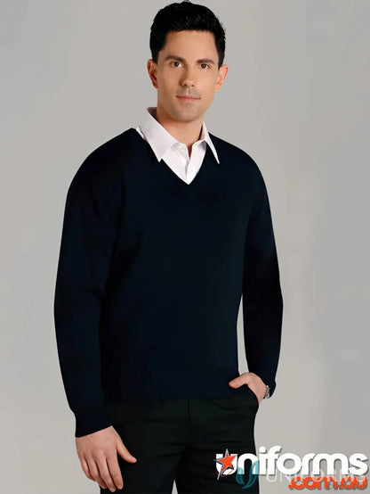 Man wearing a navy Spirit Wool Acrylic Knit Jumper, stylish wool acrylic blend sweater