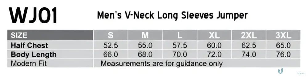 Men’s V-Neck Long Sleeves Jumper size chart for Winning Spirit Wool Acrylic Knit Jumper