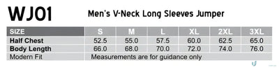 Mens V-Neck Long Sleeves Jumper size chart for Winning Spirit Wool Acrylic Knit Jumper