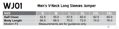 Men’s V-Neck Long Sleeves Jumper size chart for Winning Spirit Wool Acrylic Knit Jumper