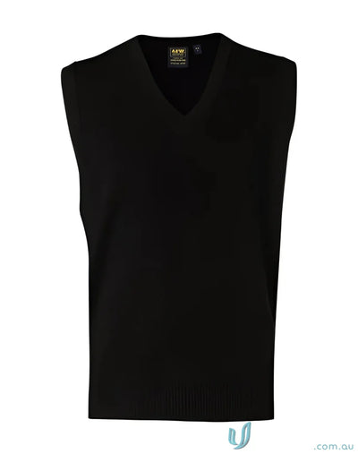 Black wool acrylic v-neck sweater vest from Winning Spirit, perfect for unisex style