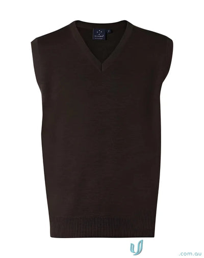 Brown Winning Spirit Wool Acrylic Knit Vest featuring a comfy wool acrylic V-neck design