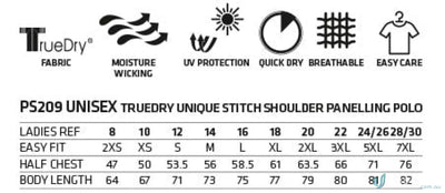 Technical specs and size chart for Spirit XStreet xstreet truedry polo unisex short sleeve