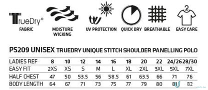 Technical specs and size chart for Spirit XStreet xstreet truedry polo unisex short sleeve