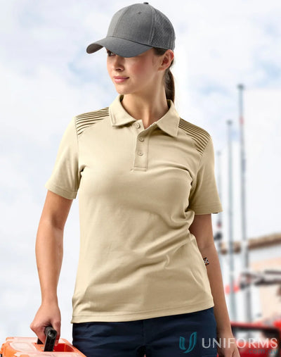 Woman in spirit xstreet unisex short sleeve polo holding orange black container