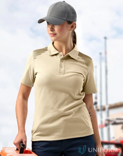 Woman in spirit xstreet unisex short sleeve polo holding orange black container