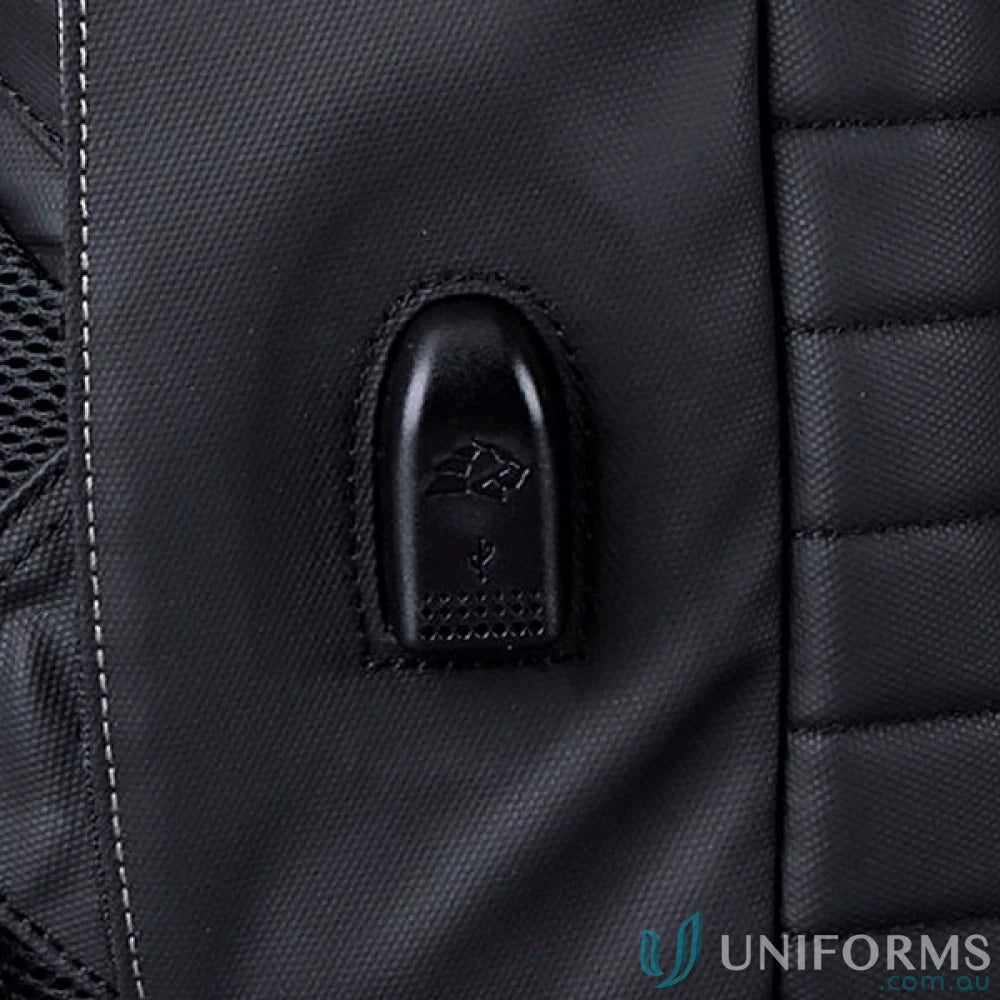 Black Wired Compu Backpack with weatherproof design and external USB port for workwear