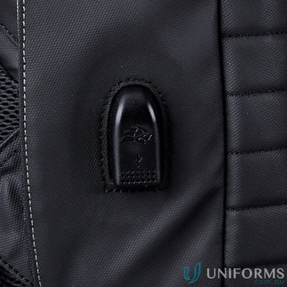 Black Wired Compu Backpack with weatherproof design and external USB port for workwear