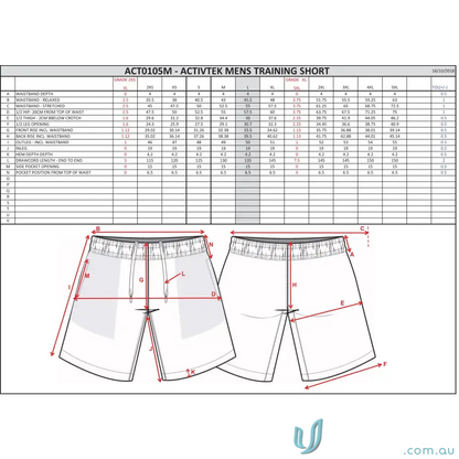 Men’s training shorts size chart for Wodonga Softball Shorts and softball shorts quick fit