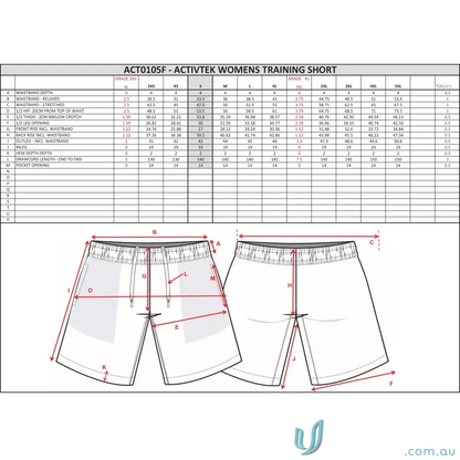Women’s training short size chart for Wodonga Softball Ladies Shorts, perfect softball shorts fit
