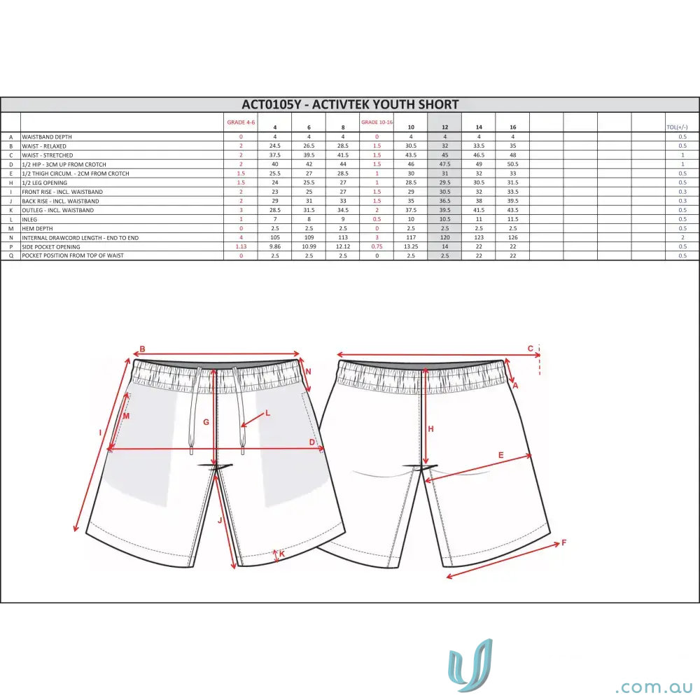 Youth shorts sizing chart and diagram for Wodonga Softball Shorts, perfect for softball players