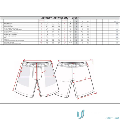 Youth shorts sizing chart and diagram for Wodonga Softball Shorts, perfect for softball players