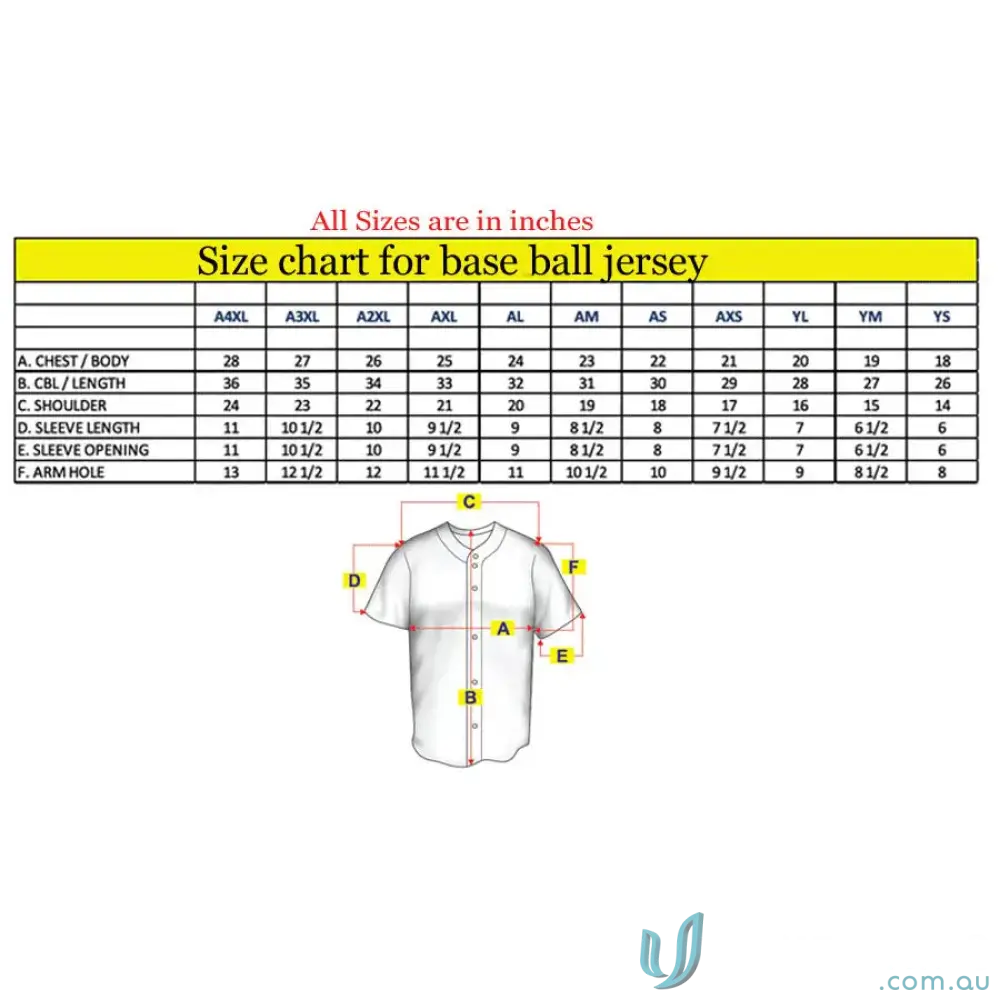 Wodonga Warriors Baseball Jersey size chart in durable polyester for warriors baseball jersey fans