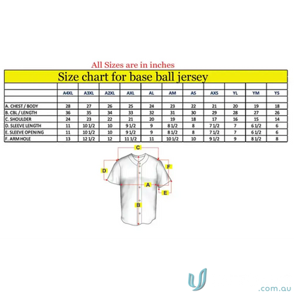 Wodonga Warriors Baseball Jersey size chart in durable polyester for warriors baseball jersey fans