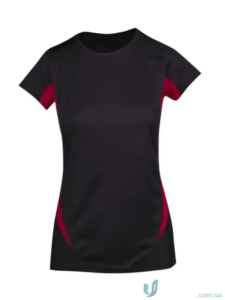 Black and red women’s accelerator cool-dry t-shirt for workout comfort
