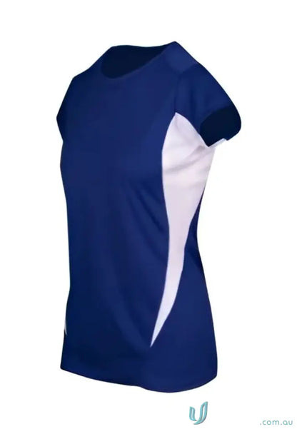 Blue and white women’s accelerator cool-dry t-shirt perfect for workout days