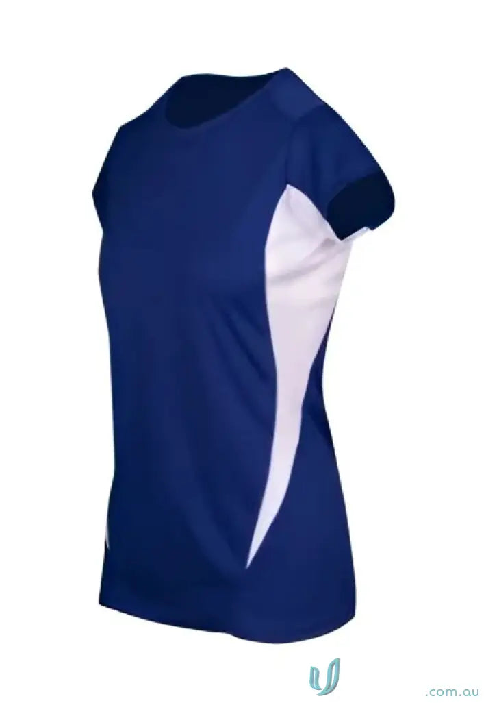 Blue and white women’s accelerator cool-dry t-shirt perfect for workout days