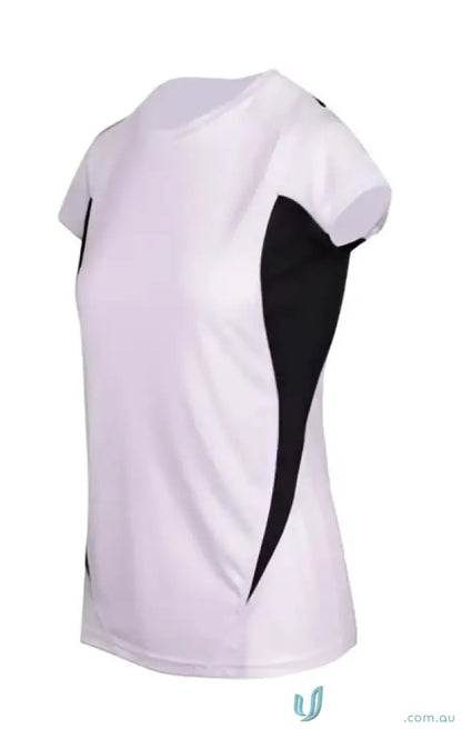 White and black women’s accelerator cool-dry t-shirt perfect for workout or casual wear