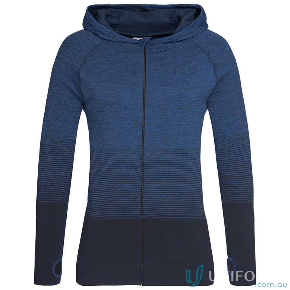 Blue ombre full-zip hoodie with thumbholes, perfect women’s active seamless jacket with raglan sleeves