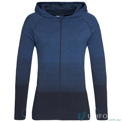 Blue ombre full-zip hoodie with thumbholes, perfect women’s active seamless jacket with raglan sleeves