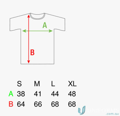 T-shirt size chart with width and length for Womens Active Seamless Jacket with raglan sleeves