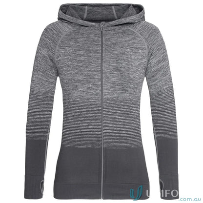 Women’s active seamless jacket with heather gray color, darker lower section, and thumbholes