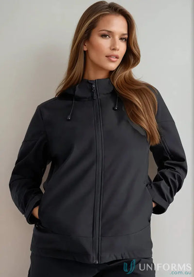 Black hooded Womens Atlas Jacket made of breathable fabric with waterproof membrane for outdoor fun