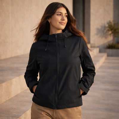 Womens Atlas Jacket: black hooded zip-up in breathable waterproof fabric