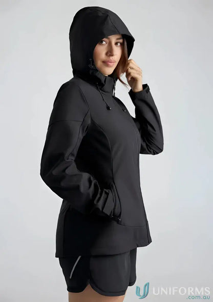 Women’s Atlas Jacket with breathable fabric and waterproof membrane in black hooded softshell