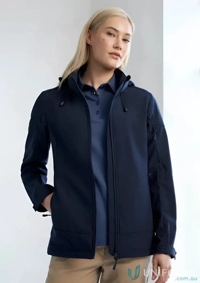 Navy blue women’s Atlas jacket made of breathable fabric with waterproof membrane