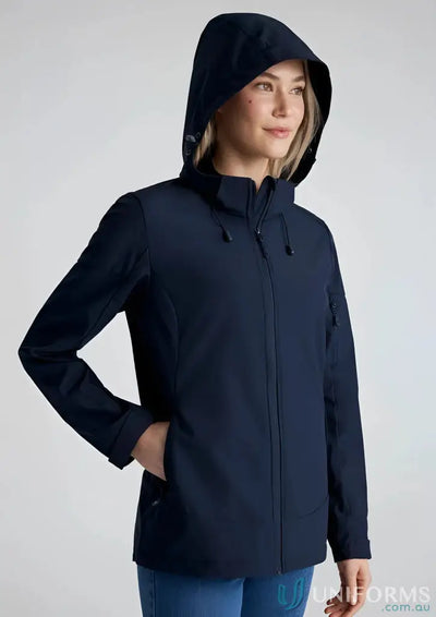 Navy hooded softshell jacket from Womens Atlas Jacket with breathable fabric and waterproof membrane