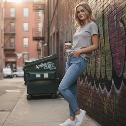 Women’s basic lightweight tee with grey shirt, jeans and white sneakers