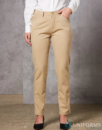 Womens Boston Chino Pants with khaki color and black shoes for a stylish look