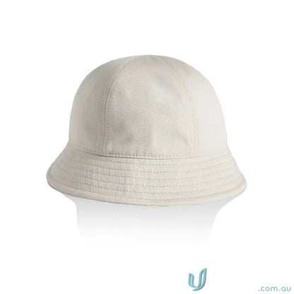 Light-colored brim bucket hat with reinforced short brim and visible stitching for style