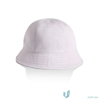 Plain white brim bucket hat with reinforced short brim and visible stitching
