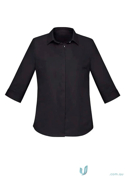 Womens Charlie 3Qtr Shirt in black with hidden bust button, perfect for hospitality roles seeking style