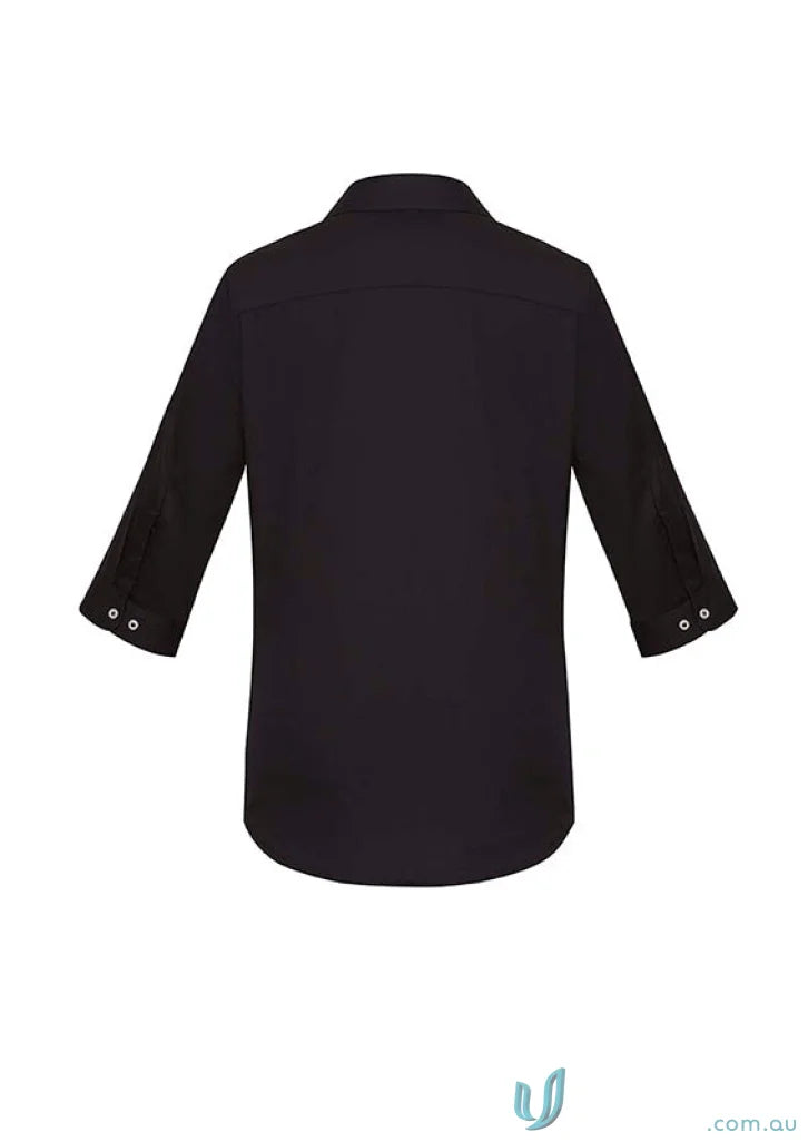 Women’s Charlie 3Qtr shirt in black with hidden bust button, perfect for hospitality roles seeking style