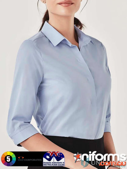 Light blue women’s Charlie 3Qtr blouse with hidden bust button for versatile hospitality roles