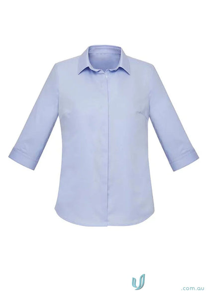 Light blue women’s Charlie 3Qtr shirt with hidden bust button for hospitality roles seeking style