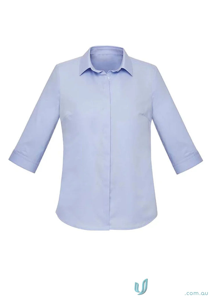 Light blue women’s Charlie 3Qtr shirt with hidden bust button for hospitality roles seeking style