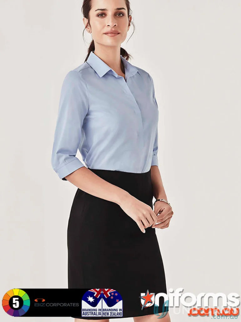 Women’s Charlie 3Qtr shirt with hidden bust button and black skirt for hospitality roles seeking style